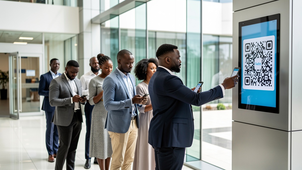 Employés de bureau burkinabè scannant un QR Code