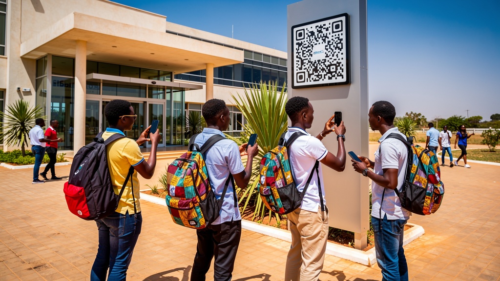Étudiants burkinabè scannant un QR Code à l'université